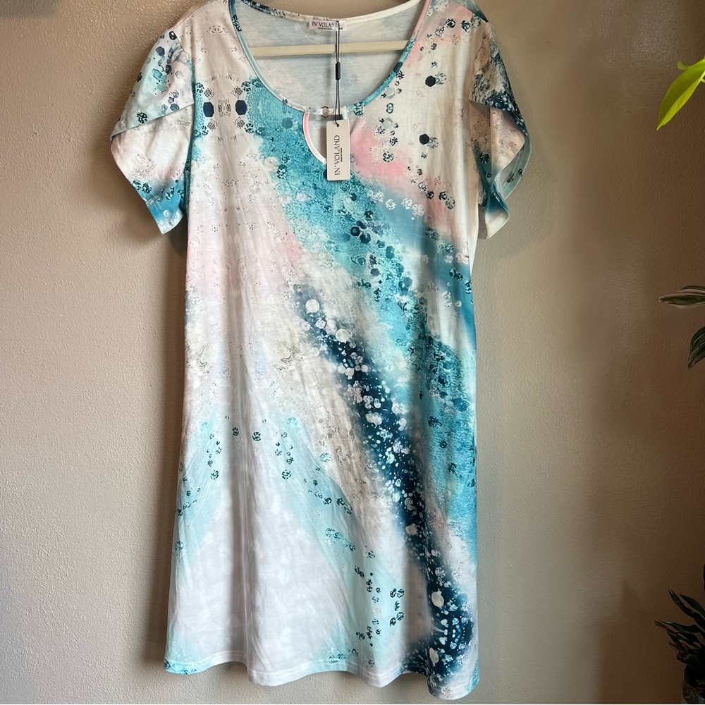 NWT IN’VOLAND Abstract Watercolor T-Shirt Dress – Size 16W, Pockets, Boho Vibes